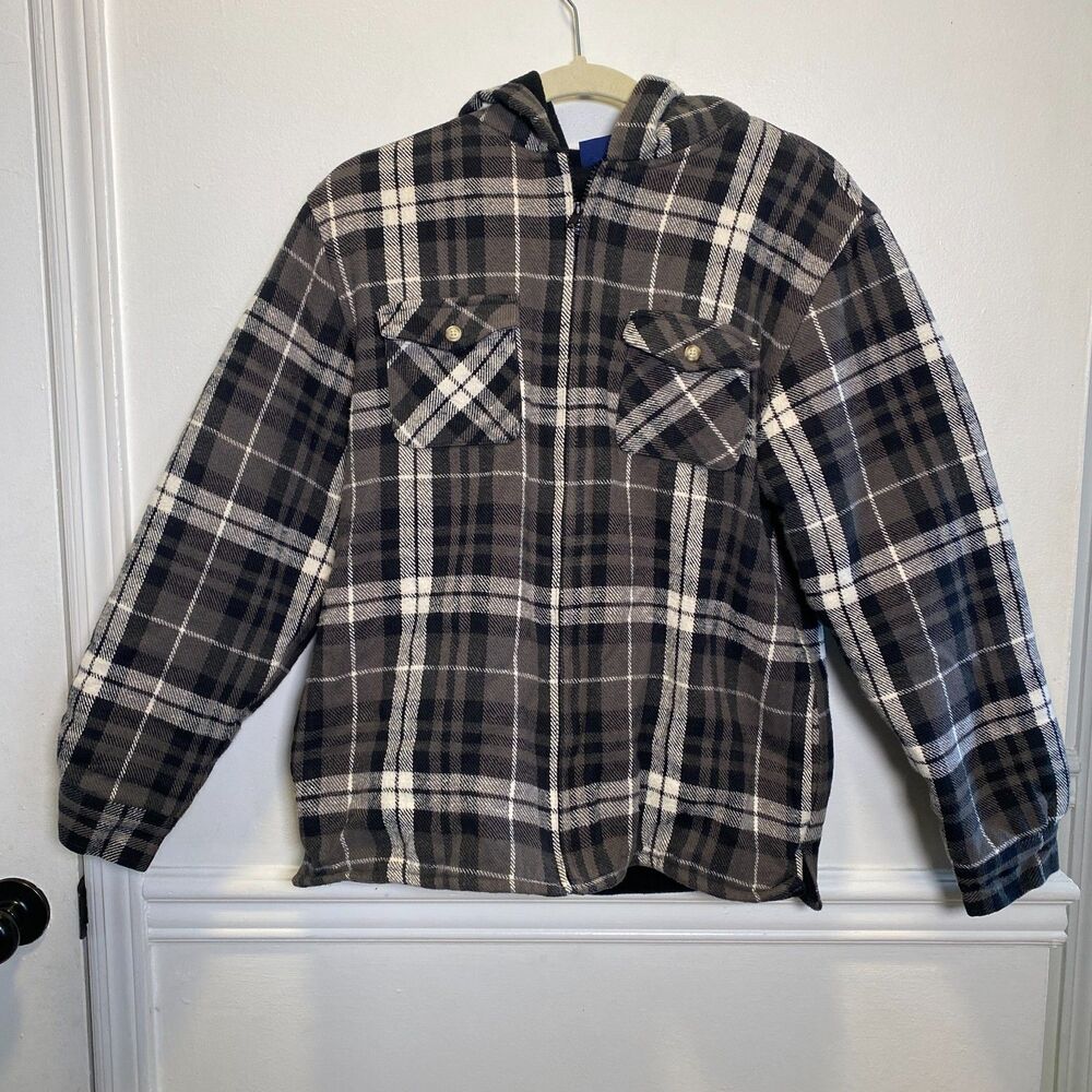 Grunge Basic Editions Plaid Hooded Lined Flannel Jacket Gray Black Boys